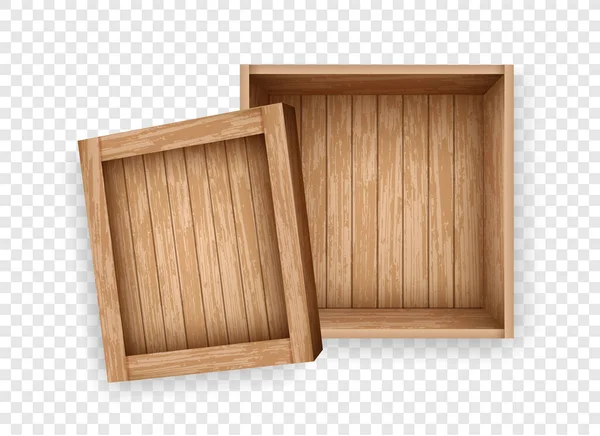 Plantilla de maqueta realista caja de carga de madera. Caja vacía hecha de tablones viejos para el almacenamiento y el diseño de interiores de entrega. Contenedor de madera abierto con tapa. — Vector de stock