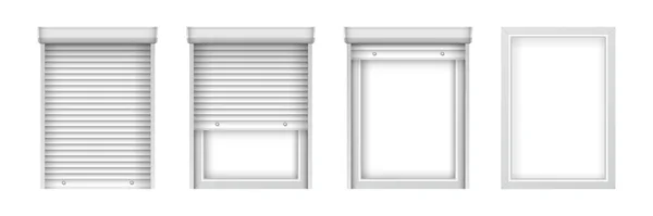 Realistic plastic windows with blinds. Roller shutter for glass windows set. Closed and open window mockup for interior decoration design — Stock Vector