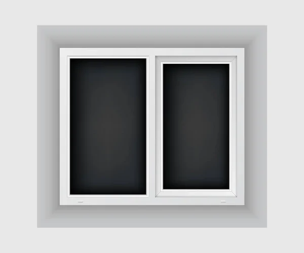 Dubbele casement window mockup template. Realistisch kunststof raam op witte muur. Raamkozijn en donkere ruit. — Stockvector