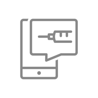 Konuşma balonunda şırınga ve akıllı telefon hattı ikonu. Tıbbi personel, enjeksiyon, nüfus sembolünün aşılanması