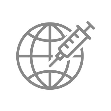 Tıbbi şırınga ve Dünya çizgisi ikonu. Dünya aşısı, dünya çapında dokunulmazlık, enjeksiyon sembolü