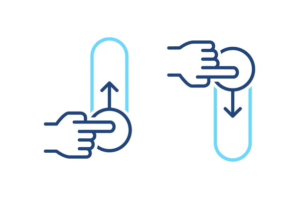 Lock and unlock hand control blue line icons. Up, down phone swipe gestures. On, off toggle slider symbols — Stock Vector