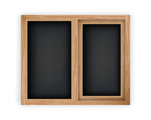 Dubbele casement houten raammodel. Realistisch raam met houten frame. Raamkozijn en donkere ruit voor interieur buitenshuis. — Stockvector