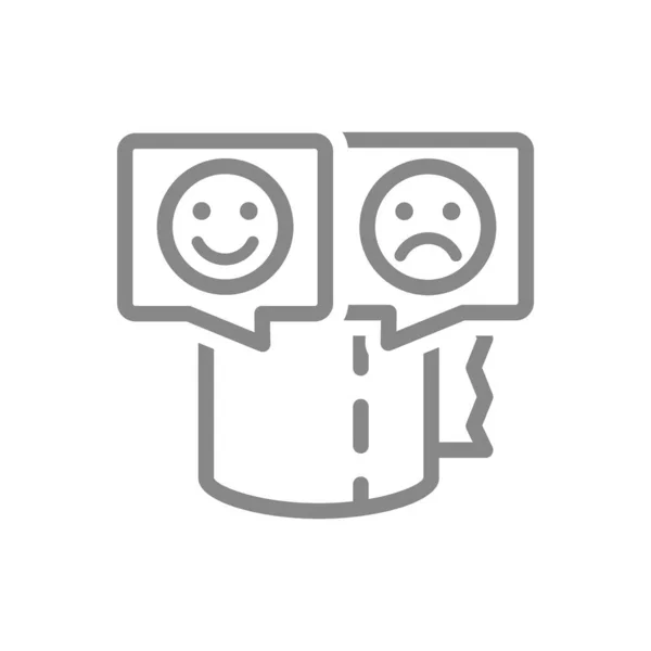 Toiletpapier met blije en droevige gezichten in spraak buble line icoon. Papierrol, servetten, symbool voor productkwaliteitsbeoordeling — Stockvector