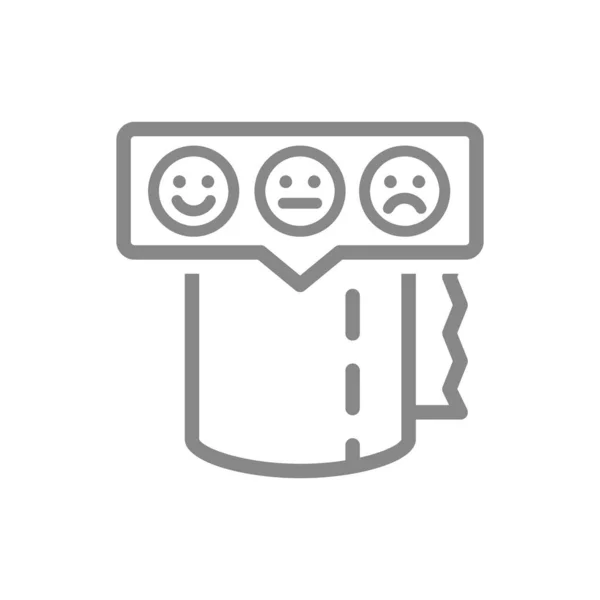 Papel higiênico com rostos felizes, tristes e neutros no ícone da linha de bolha de fala. Rolo de papel, guardanapos, avaliação da qualidade do produto, símbolo de votação — Vetor de Stock