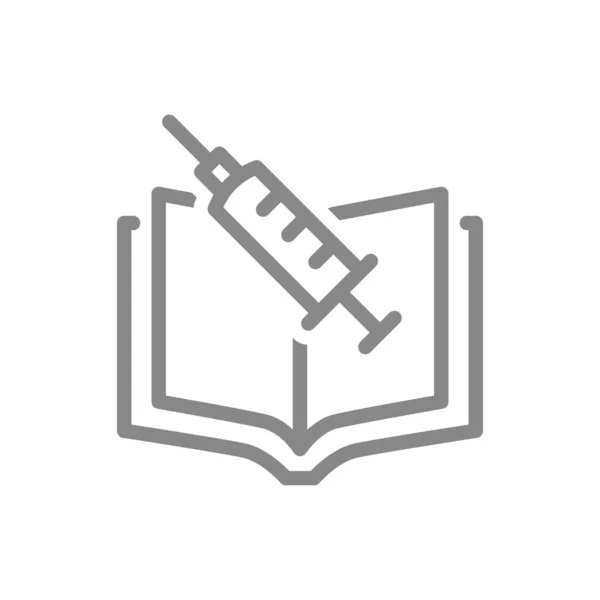 Seringue médicale et icône de ligne de livre. Information sur la vaccination, éducation médicale, information sur le symbole de vaccination — Image vectorielle