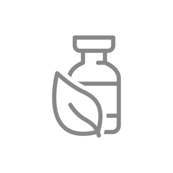 Ampolla médica y planta icono de la línea de hojas. Vacuna, medicina herbal, símbolo de inmunidad mundial — Vector de stock
