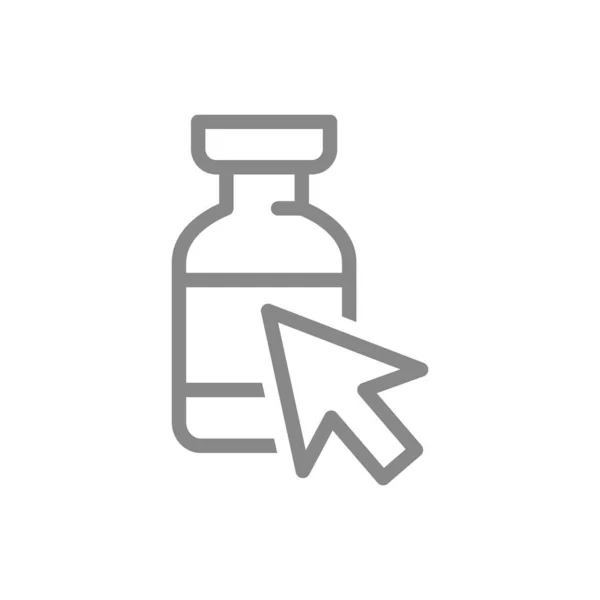 Ampolla médica y flecha web cursor icono de línea. Vacuna, dirección, inmunización, símbolo del suero — Vector de stock