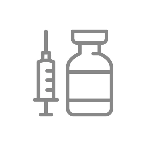 Ampolla médica con ícono de línea de jeringa. Vacuna, inmunización, suero, inmunidad colectiva, símbolo de inyección — Archivo Imágenes Vectoriales