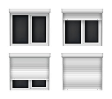 Panjurlu, beyaz, çift katlı plastik pencereler. PVC penceresi için gerçekçi bir külüstür. İç dekorasyon tasarımı için pencereler kapalı ve açık