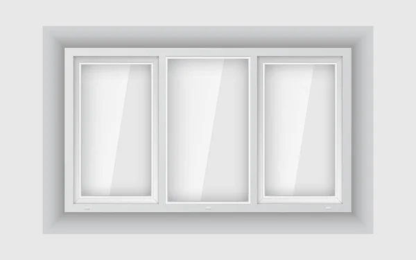 Groot drievoudig kunststof raam op witte muur. Realistische plastic raammodel. Wit raamkozijn met helder ruiten. — Stockvector