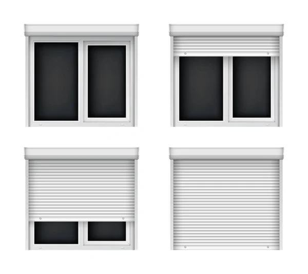 Weiße Kunststofffenster mit Jalousien. Realistische Jalousie für Kunststofffenster. Geschlossene und offene Fenster mit Rollläden für die Innendekoration — Stockvektor
