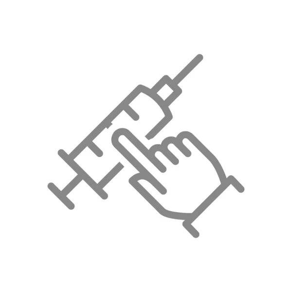 Seringa médica e ícone de linha de mão. Vacinação, direção da mão, símbolo de imunização — Vetor de Stock
