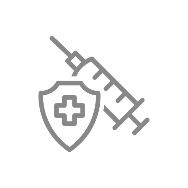 Jeringa médica y escudo con icono de línea cruzada. Vacunación de la población, medidas preventivas, símbolo de inmunización — Archivo Imágenes Vectoriales