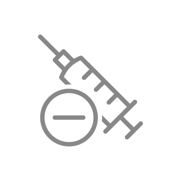 Jeringa médica e icono de la línea menos. Jeringa usada, inyección, vacunación infructuosa, símbolo no estéril — Archivo Imágenes Vectoriales