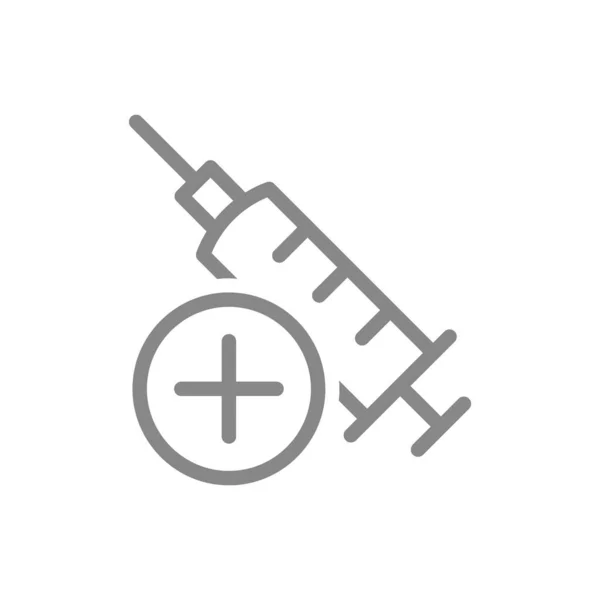 Jeringa médica e icono de línea plus. Nueva jeringa estéril, inyección, instrumento médico, símbolo de vacunación exitoso — Archivo Imágenes Vectoriales