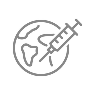 Tıbbi şırınga ve Dünya çizgisi ikonu. Dünya aşısı, dünya çapında dokunulmazlık, enjeksiyon sembolü