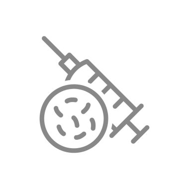 Tıbbi şırınga ve bakteri çizgisi ikonu. Aşı, iğne, şırınga, virüs sembolü.