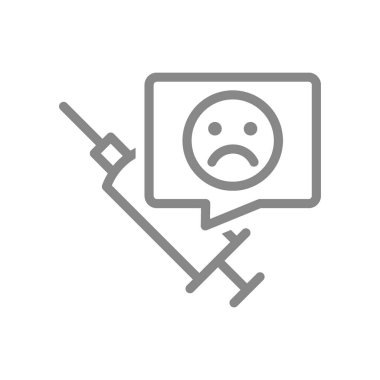 Tıbbi şırınga ve konuşma kabarcığı simgesinde üzgün bir yüz. Aşı, aşılama sonuçları, olumsuz geri bildirim sembolü