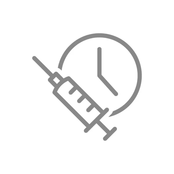 Medische spuit en horloge lijn pictogram. Vaccinatietijd, injectie, wereldwijd immuniteitssymbool — Stockvector