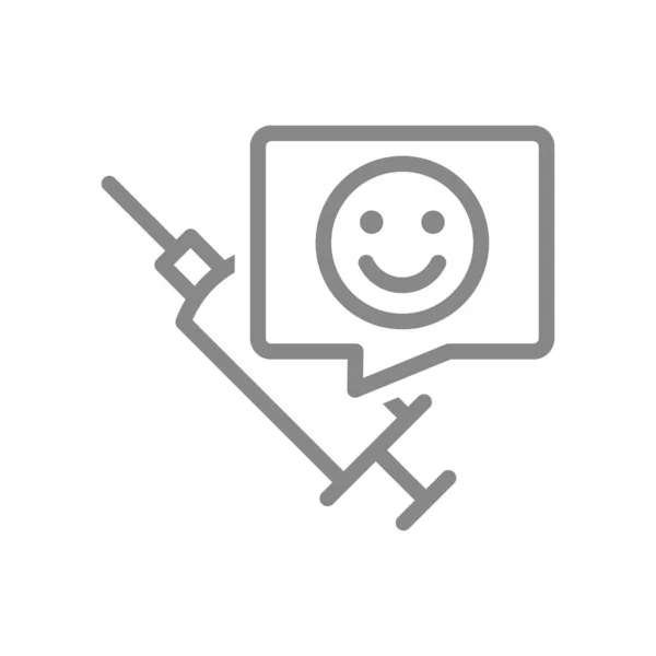 Medical syringe and happy face in speech buble line icon. Vaccination, vaccine evaluation, positive feedback symbol — Stock Vector