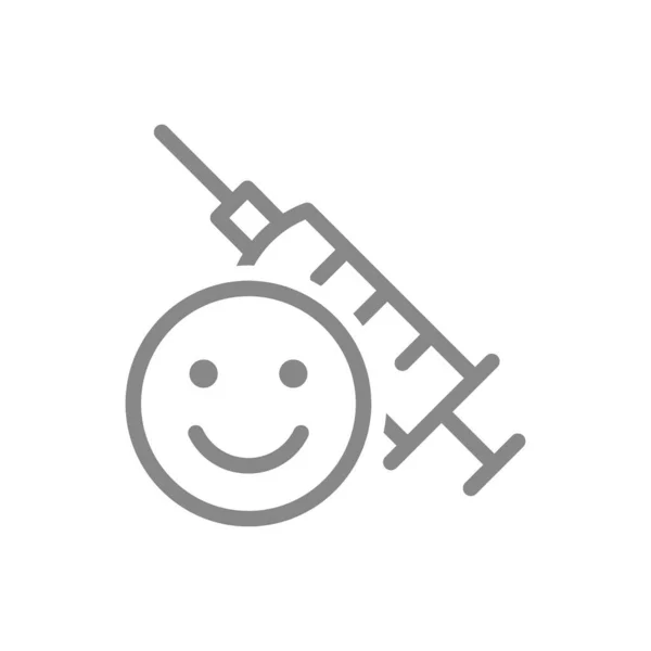 Medical syringe and happy face line icon. Vaccination, vaccine evaluation, immunity, positive feedback symbol — Stock Vector