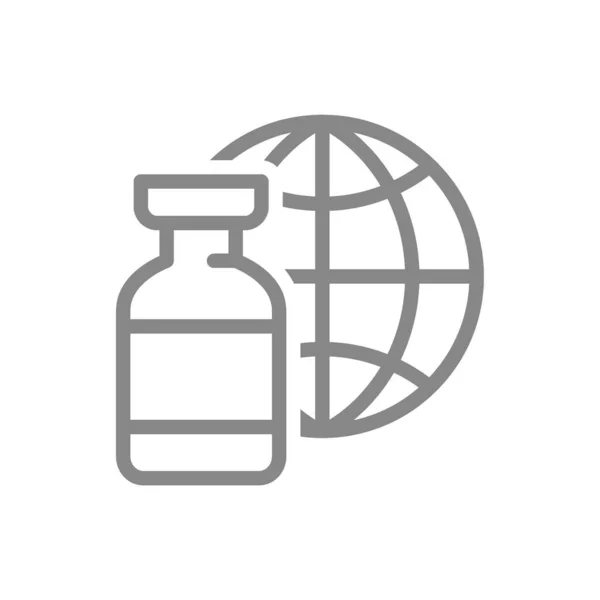 Ampoule médicale et l'icône de la ligne terrestre du globe. Immunité mondiale, vaccin, sérum, symbole d'immunité collective — Image vectorielle