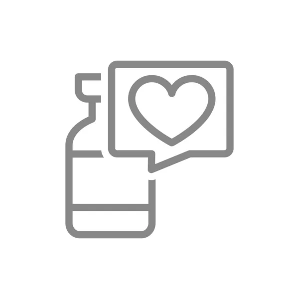 Ampolla médica y burbuja del habla con el icono de la línea del corazón. Vacuna, suero, información de vacunación, símbolo de inmunización — Vector de stock