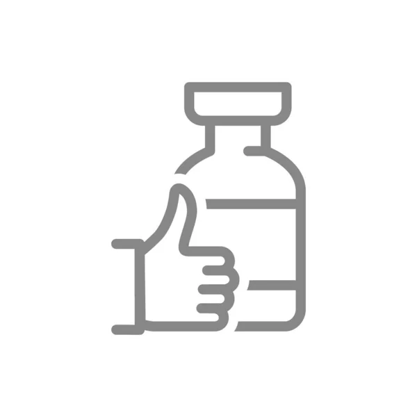 Medische ampul met duim omhoog lijn pictogram. Vaccin, serum, vaccinatie informatie, immunisatie symbool — Stockvector