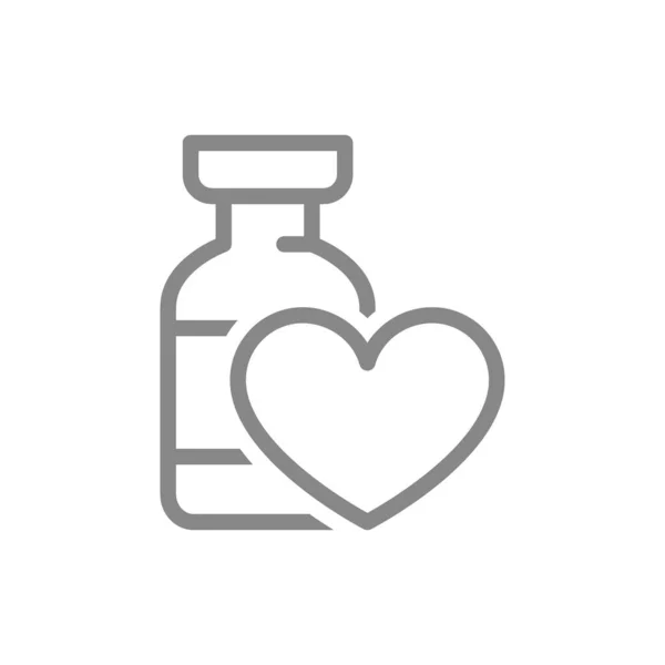 Fiala medica con icona della linea del cuore. Vaccino, siero, informazioni sulla vaccinazione, simbolo di immunizzazione — Vettoriale Stock