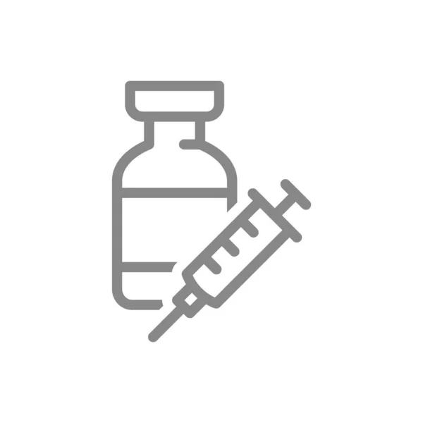 Ampolla médica con ícono de línea de jeringa. Vacunación, vacuna, inmunización, suero, símbolo de inmunidad colectiva — Archivo Imágenes Vectoriales