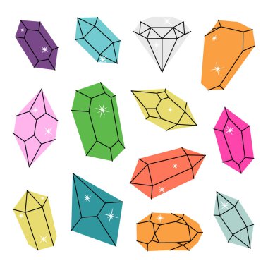 Kristaller. Sihirli değerli taşlar, elmas ve mücevher kristalleri. Gemstone, ametist, yakut, safir, zümrüt, topaz ve kuvars. Vektör çizimi. Beyaz arkaplanda izole