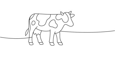 Sakince ayakta duran bir ineğin zarif bir tasviri. Barış, süt ürünleri ve kırsal manzara estetiğini temsil eden minimalist çevre tasarımı.