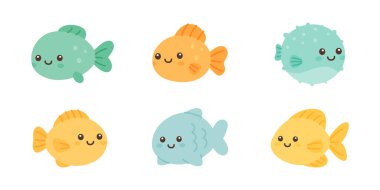 Çizgi filmlerdeki tropik balıklar. Çocuk tasarımları, deniz projeleri ve sualtı dekorasyonları için mükemmel..