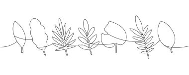 Minimalist, tek çizgili tropikal yapraklar çiziyor. Modern baskılar için botanik yaprak tasarımı, eko markalaşma, yaz posterleri ve dekoratif vektör sanat projeleri.