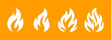 Turuncu arkaplanda 4 beyaz alev simgesi koleksiyonu. Uyarı işaretleri, yangın tehlikesi etiketleri, sıcak ürün simgeleri, enerji grafikleri ve yaratıcı tasarım projeleri için mükemmel.