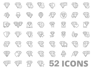 Elmas çizgisi simgeleri. Değerli mücevherler, lüks değerli taşlar, mükemmel. Gizemli, gizemli, sihirli kristaller. Vektör çizimi. Beyaz arkaplanda izole