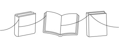Çizgi sanatı kompozisyonu ve açık kitaplar. Öğrenme, hikaye anlatma ve edebiyat temalarını ifade eden temiz vektör çizimi.