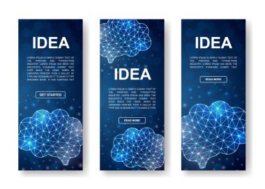 İnsan beyni mavisi dikey pankartlar. Dikey reklam pankartları şablonu için düşük polimerli semboller. Organ tasarımı illüstrasyon kavramı.