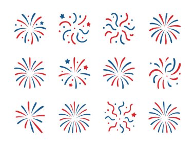 Havai fişek koleksiyonu. Eşsiz desenlere ve yıldız aksanlarına sahip kırmızı ve mavi elementler.