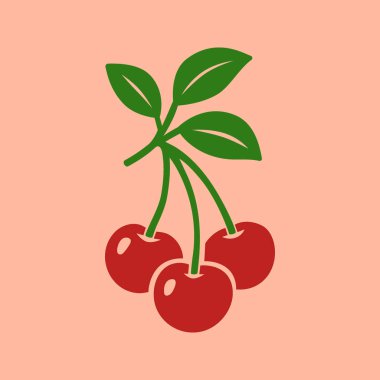 Pembe arka planda yeşil yapraklı üç kırmızı kirazın düz çizimi. Yaz meyveleri, gıda tasarımı, sağlıklı beslenme, ambalaj ve dekoratif sanat eserleri için mükemmel..
