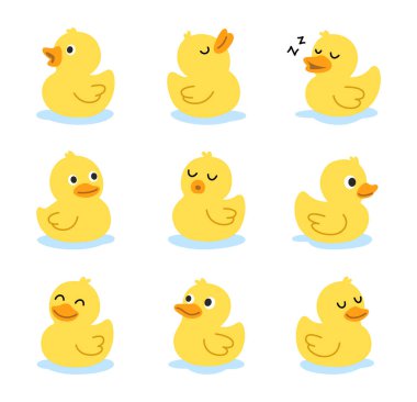 Sarı renkli lastik ördek koleksiyonu. Çocuk tasarımları, yeni hediyeler ve banyo dekorları için eğlenceli ve sevimli vektör sanatı.