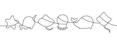 Deniz yıldızları, deniz gergedanı, vatoz, denizanası, balina ve vatoz da dahil olmak üzere sürekli deniz hayvanlarının ana hatları. Denizcilik temalı tasarımlar ve dekorlar için minimal siyah çevre çizgileri.