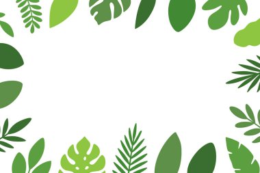 Tropik yaprak çerçevesi. Canavar, avuç içi ve çeşitli yeşil tonlarda değişik egzotik yapraklar. Davetiyeler, posterler, markalaşma, tekstil ve tropikal temalı tasarımlar için ideal.