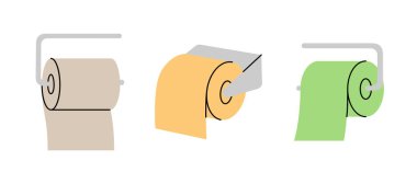 Metal tutacağı olan tuvalet kağıtları. Tuvalet kağıtları, peçeteler, mendiller ve diğer hijyen ürünleri. Vektör çizimi. Beyaz arkaplanda izole