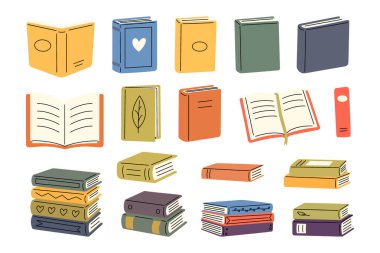 Sıcak renklerde ve rahat dokularda kitap örneklerinin canlı bir koleksiyonu. Özellikler açık, kapalı ve çeşitli şakacı pozlarda kitap istiflenmiş, okuma sevincini uyandıran.