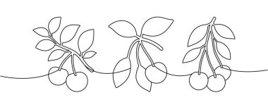 Devamlı çizgi şeklinde kiraz dalları. Vektör minimum çizgili meyve çizimleri, posterler, mutfak sanatı, duvar dekorasyonu, ambalaj ve markalaşma için ideal.
