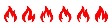 Farklı şekillerde 6 kırmızı alev ikonu koleksiyonu. Isı uyarı etiketleri, yangın güvenliği grafikleri, sıcak ürün sembolleri, enerji simgeleri ve web tasarım elementleri için ideal.