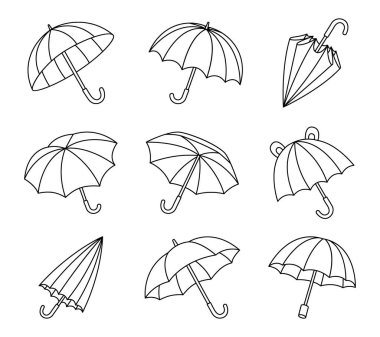 Açık, kapalı ve katlanmış tasarımları olan minimal doğrusal şemsiye çizimi, kusursuz desenler, renklendirme sayfaları, arka planlar ve şık dekorasyonlar için idealdir.