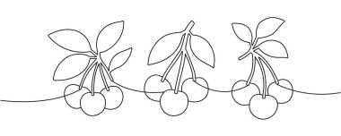 Kiraz dallarının zarif bir koleksiyonu ve aralıksız çizgi şeklinde meyveler. Minimum vektör çizgileri desenler, posterler, mutfak dekorasyonu, ambalaj ve logolar için mükemmel.